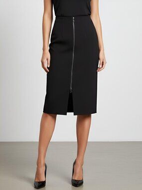 NWT Donna Karan Essentials Ponte Pencil Front Zip Midi Skirt Black M